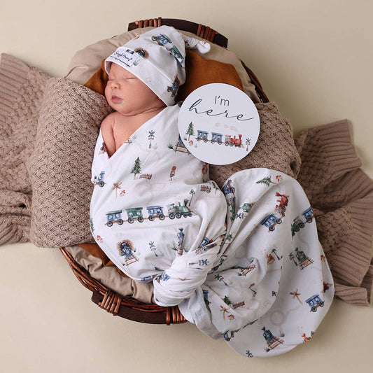 Trains Organic Jersey Wrap & Beanie Set